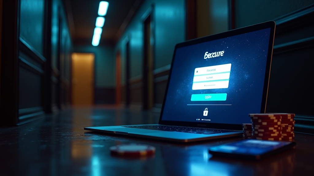 A glowing login screen beside chips in a dark casino-style setting.