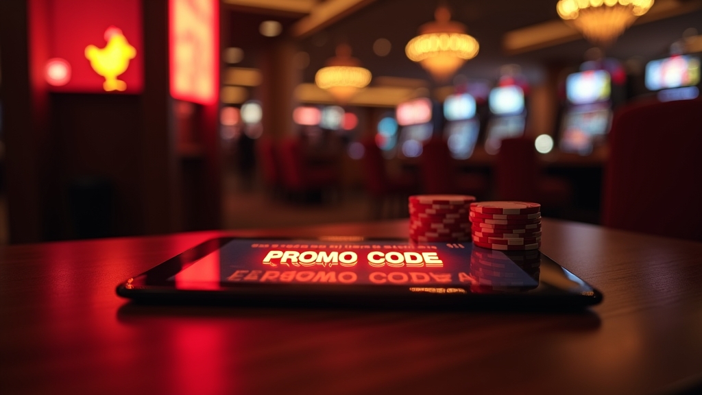 Neon casino tablet showing a promo code field with chips and dark atmospheric lighting