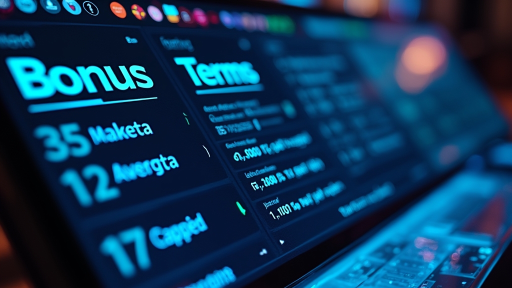Casino bonus terms dashboard with wagering bars and cashout limits in neon light