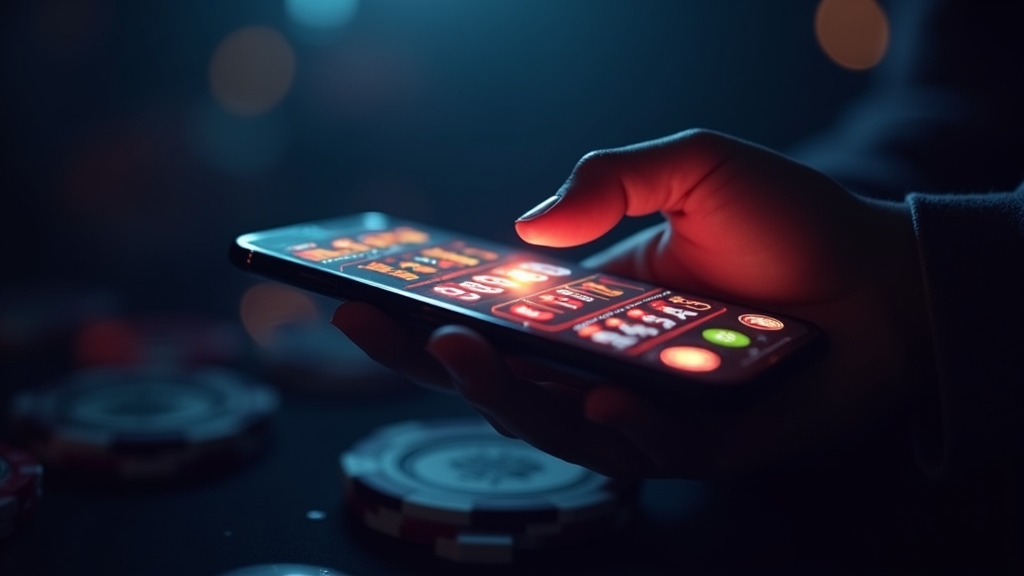 Hand holding a phone with a casino-style game interface in a dark setting