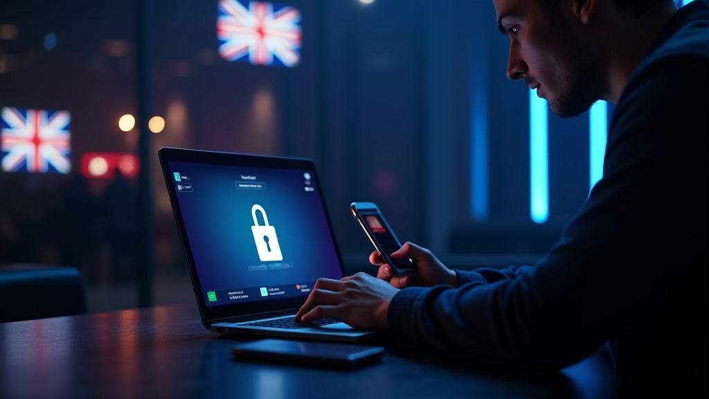 A UK player checking a secure login page in a dark casino-style lobby.